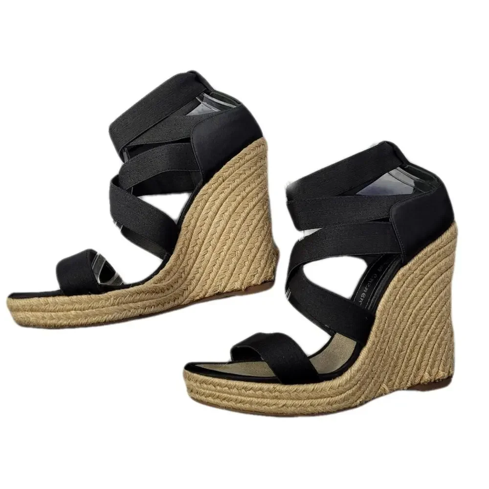 Jean-Michel Cazabat Black Espadrille Wedges with Jute Trim size 39.5